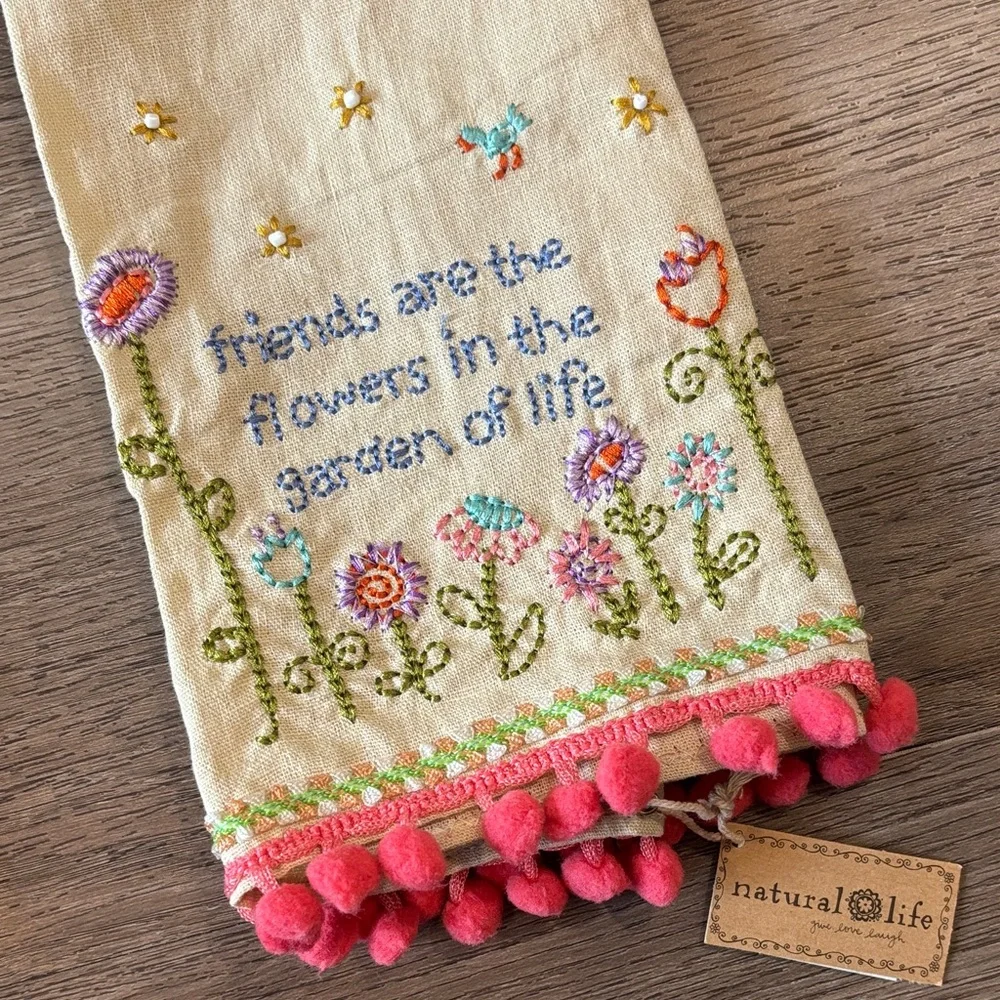 NATURAL LIFE Linen Hand Towel with Colorful Floral Embroidery and Pink Pom Trim